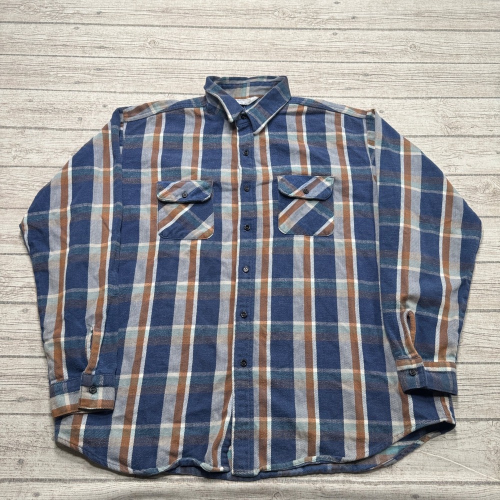 Vintage 90s Five Brother Shirt Mens 3XL Blue Brown Flannel Plaid Long Sleeve USA
